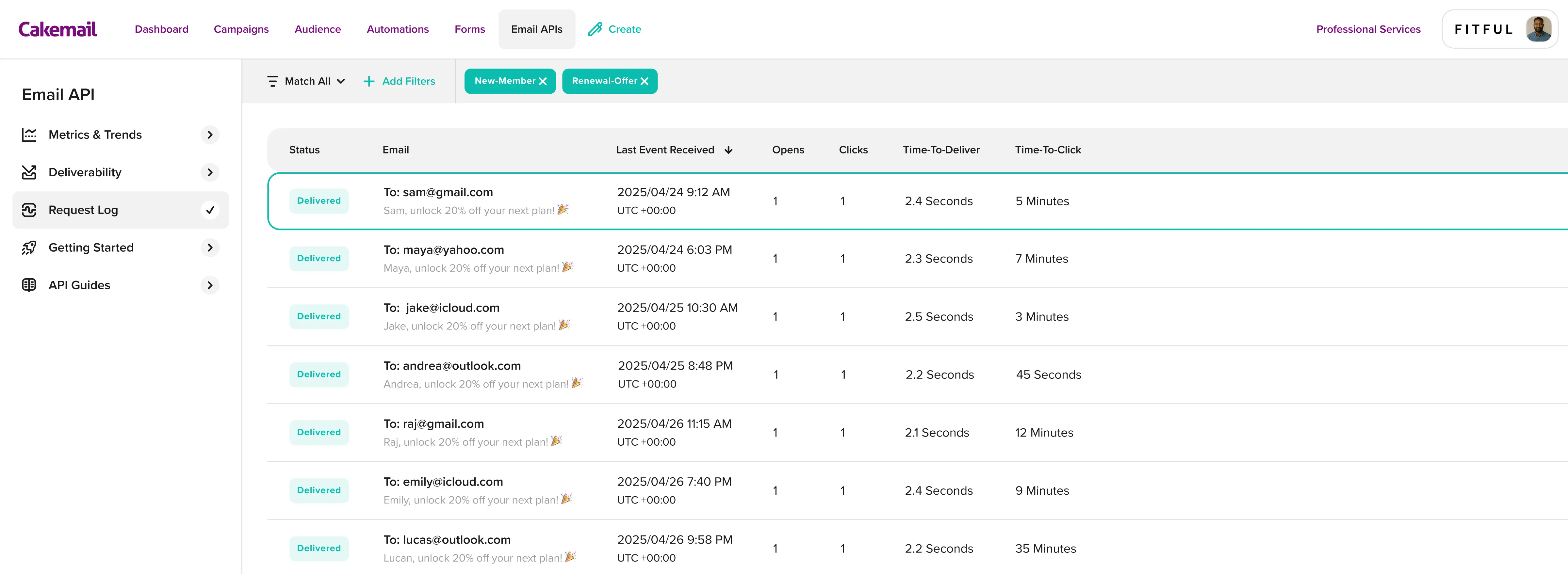 Request logs showing what happened to each email after it was sent.