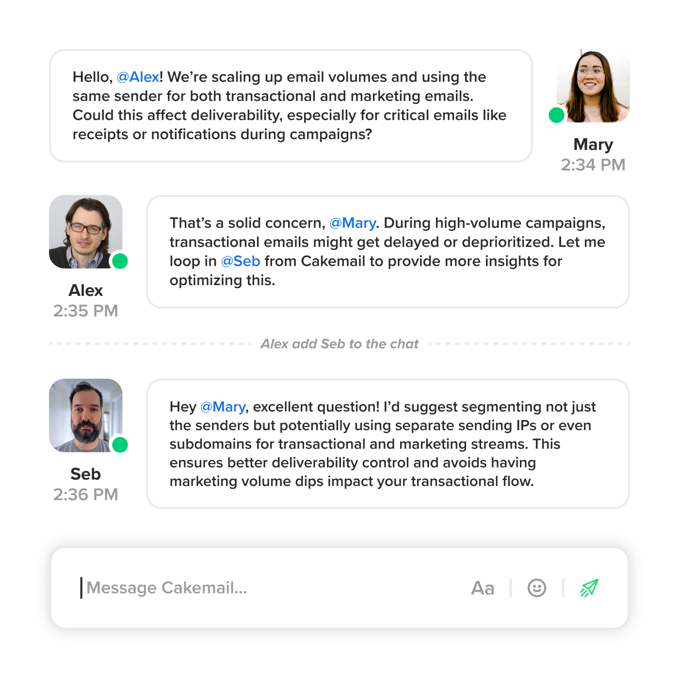 A support conversation with the Cakemail team.
