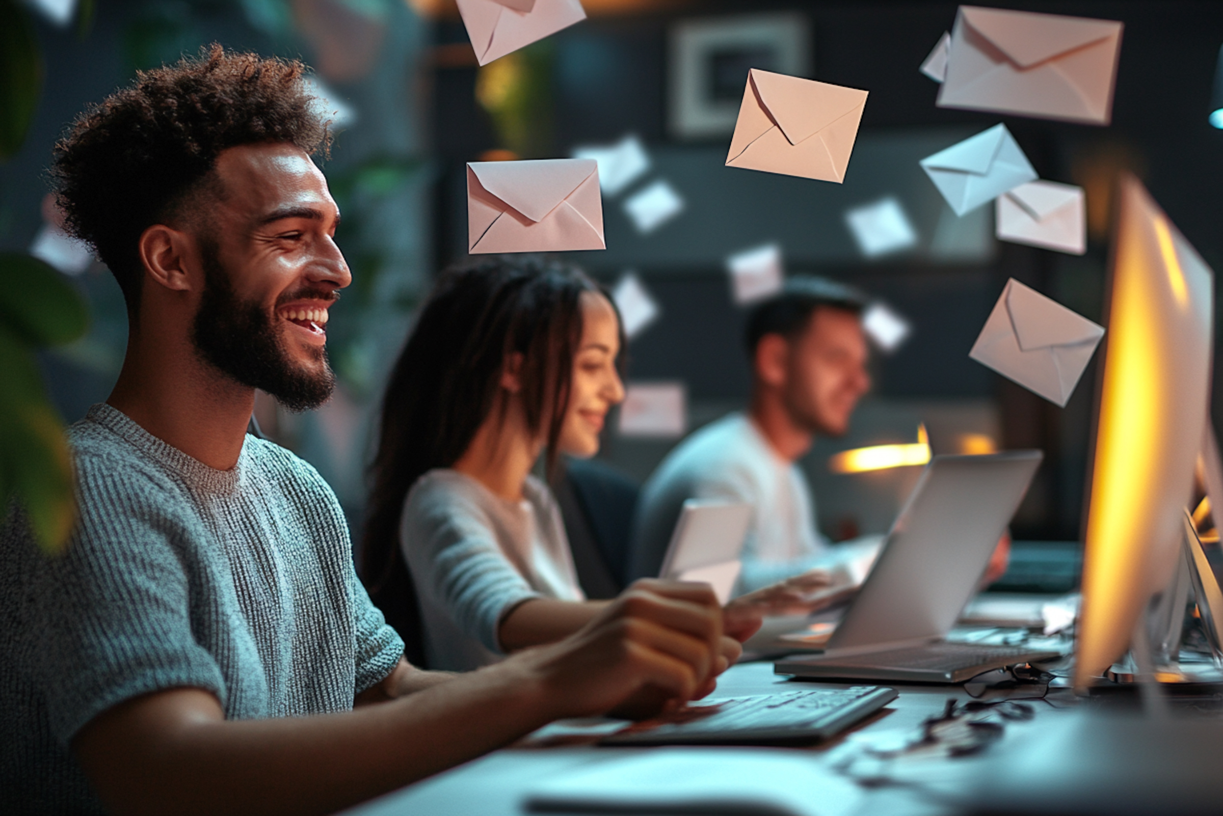 Smiling programmer infront of computers with envelopes