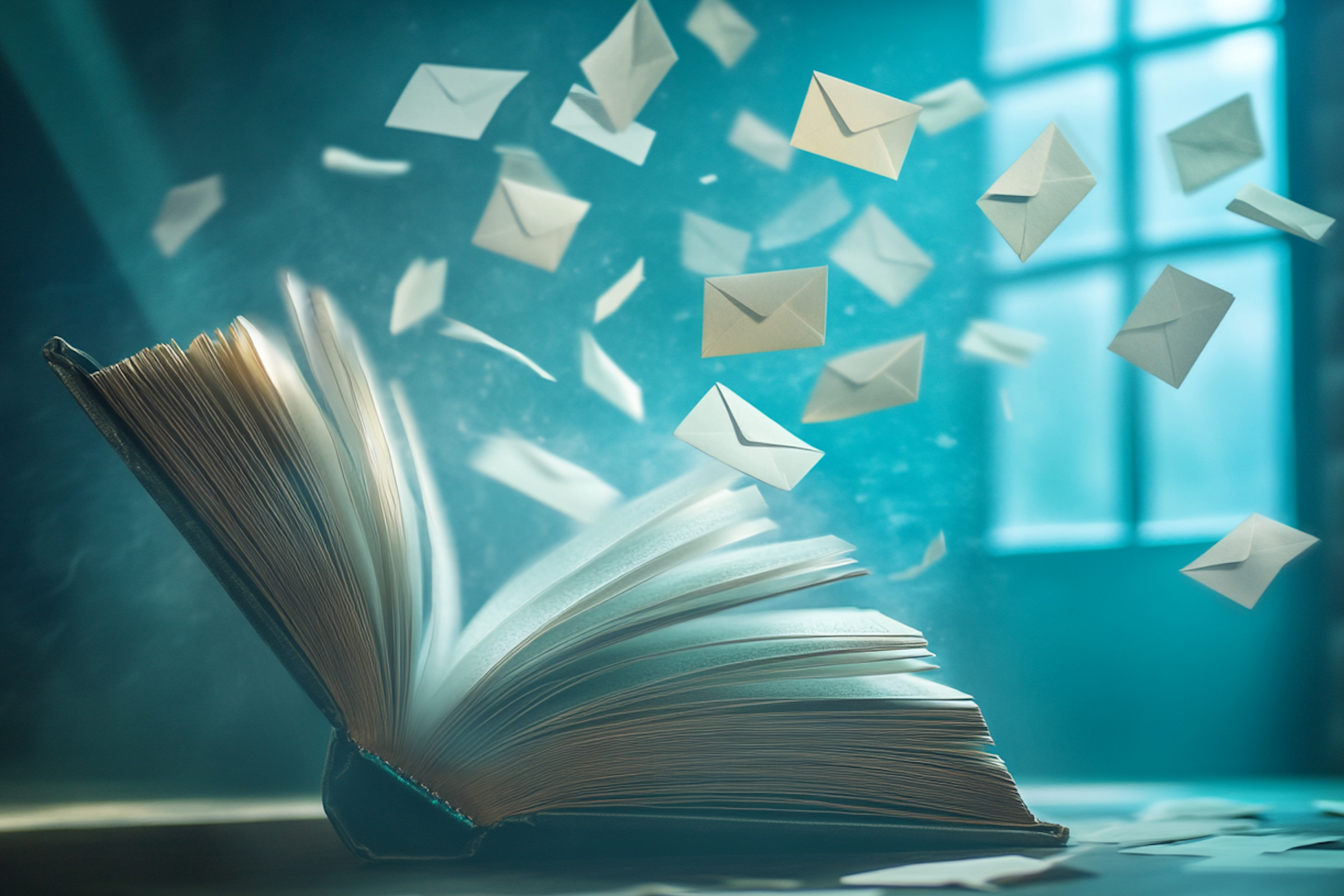 Image of a big book opened with little envelopes flying from it