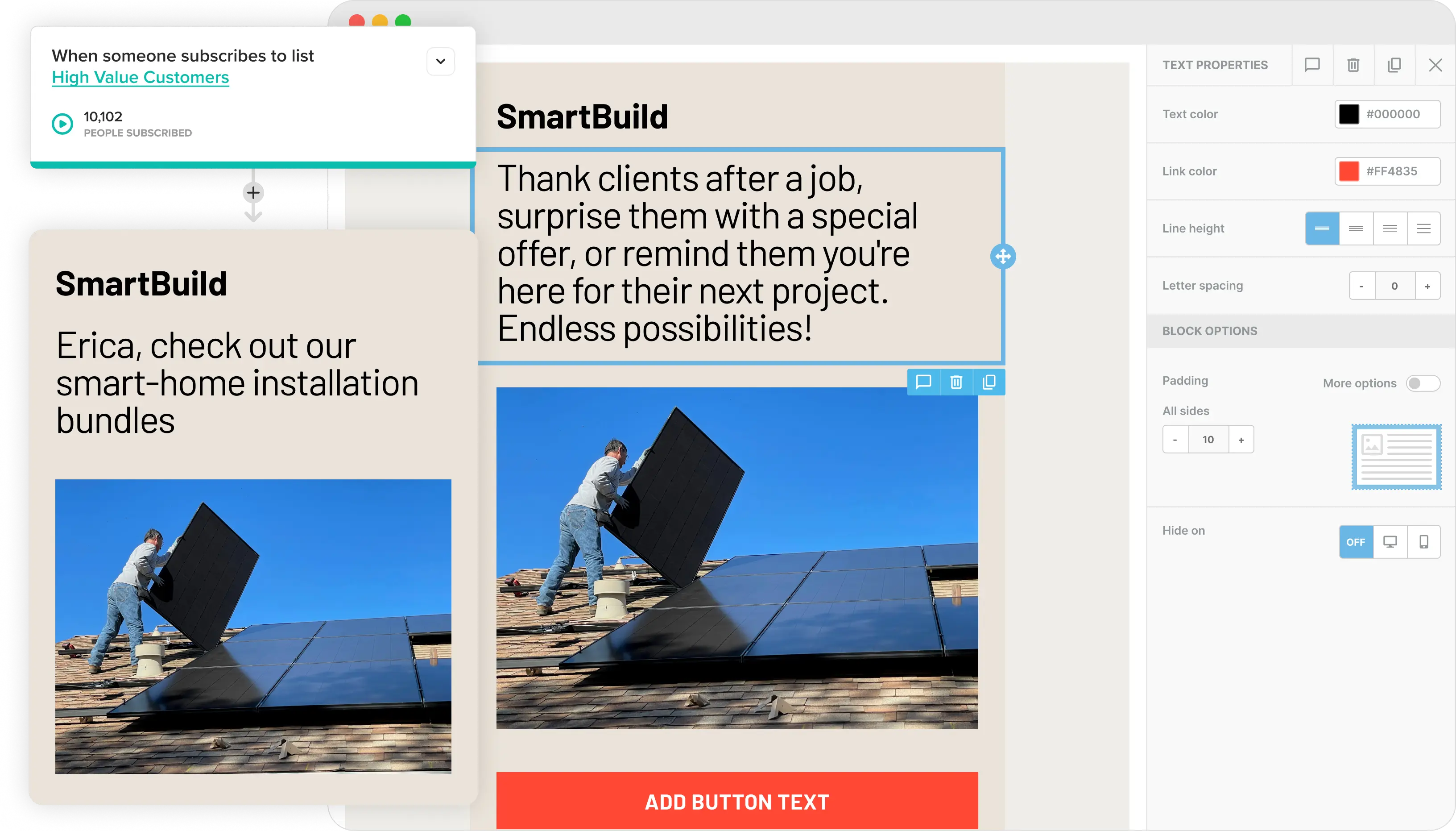 The Cakemail email editor with a contractor email open.
