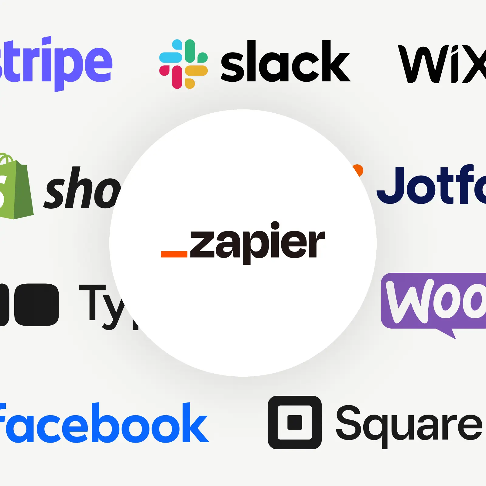 Logos of Stripe, Slack, Wix, Shopify, Zapier, Jotform, Typeform, WooCommerce, Facebook and Square.
