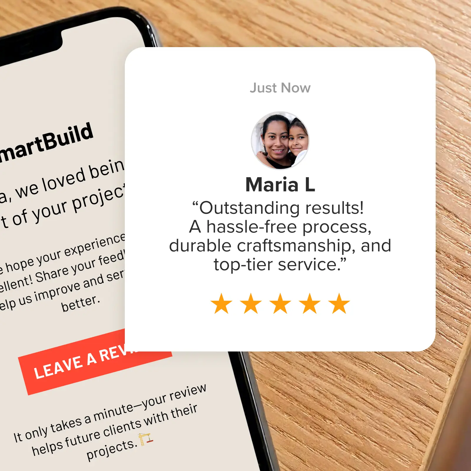 A review-request email beside a customer's review.