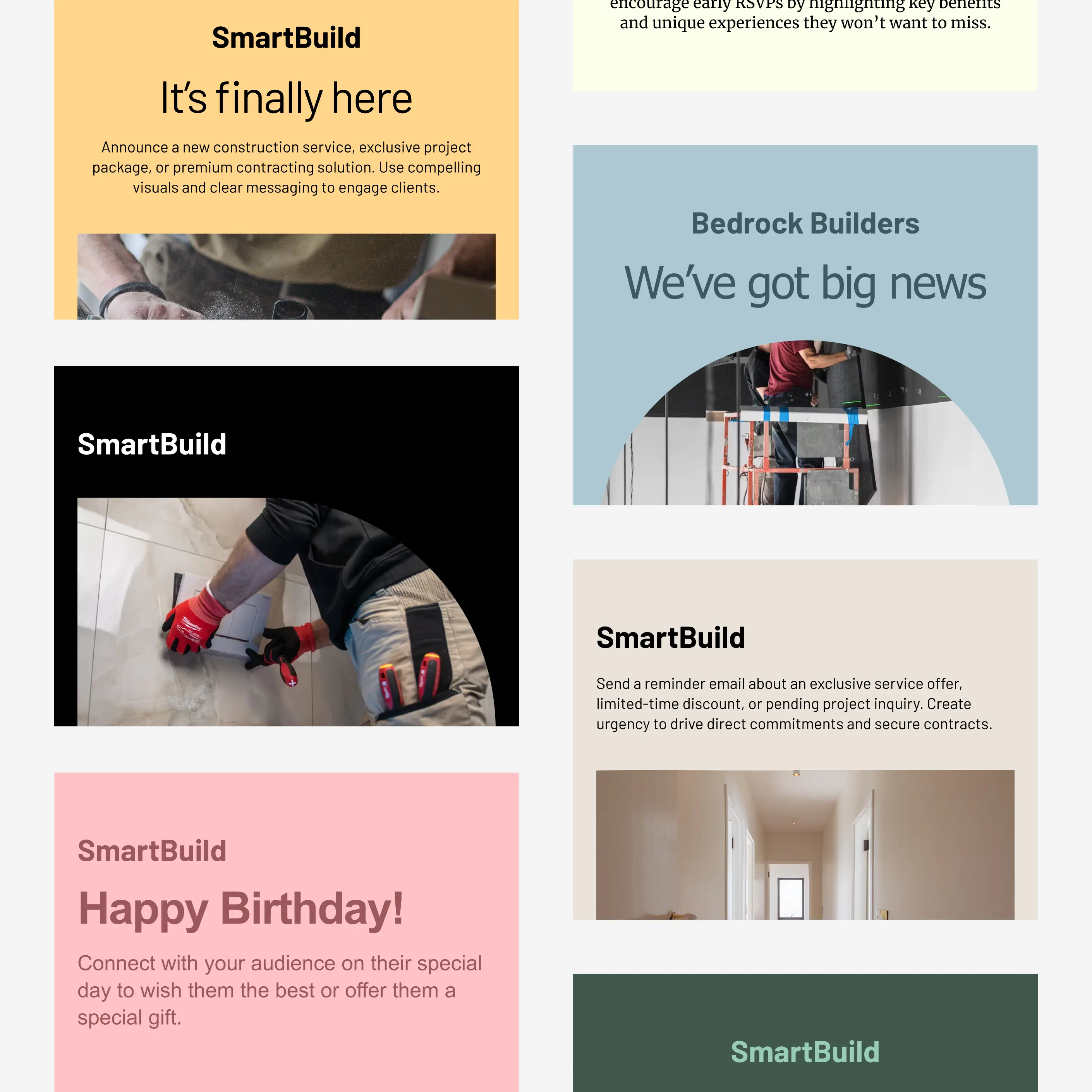 A grid of Cakemail email templates for contractor businesses.