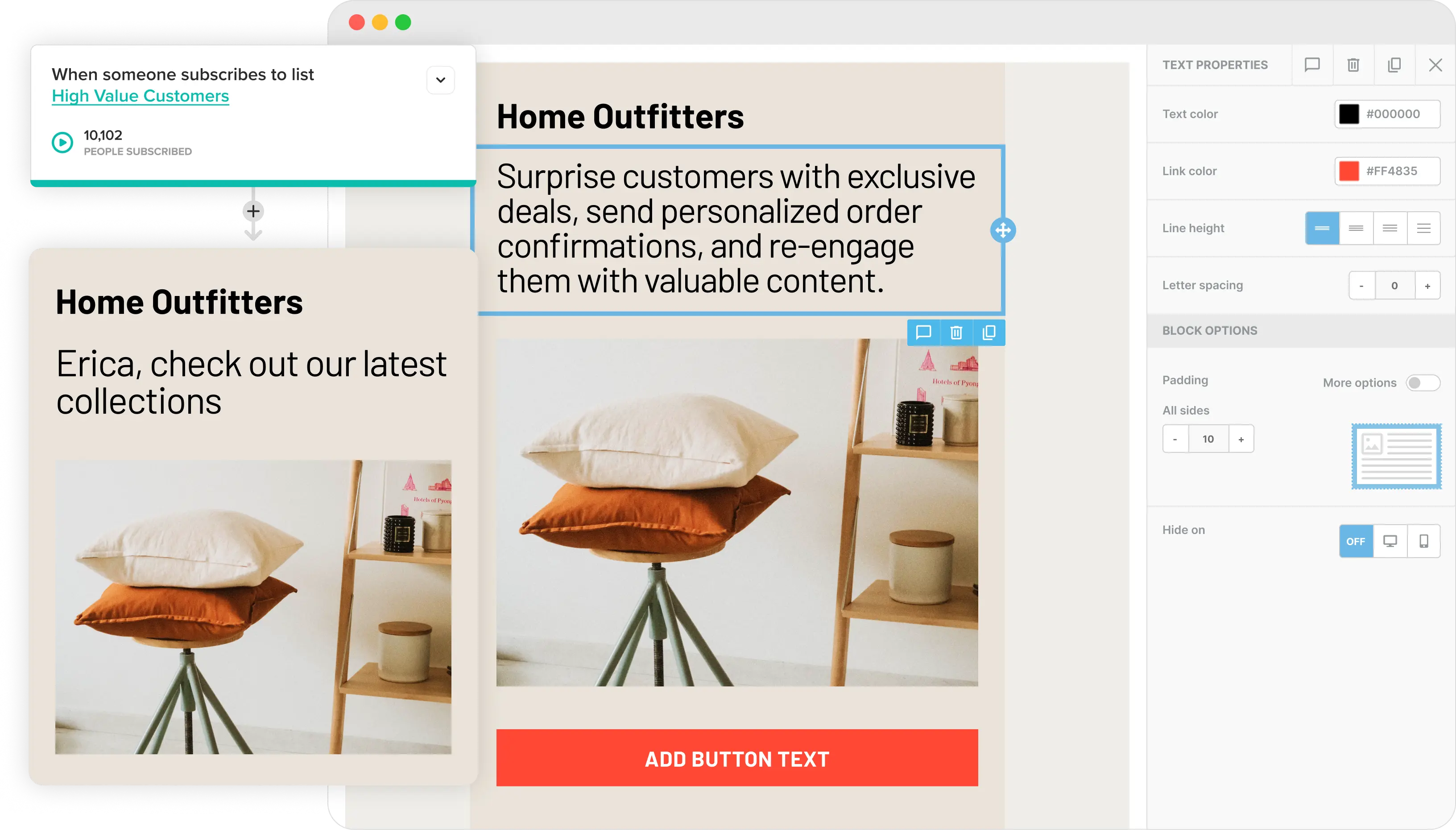 The Cakemail email editor with an ecommerce email open.