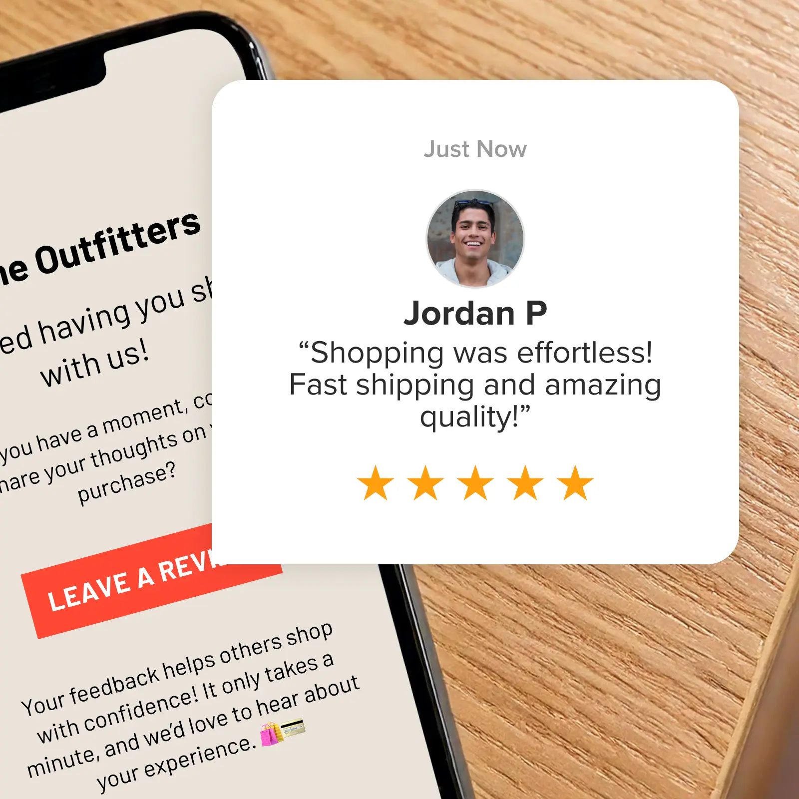 A review-request email beside a customer's review.