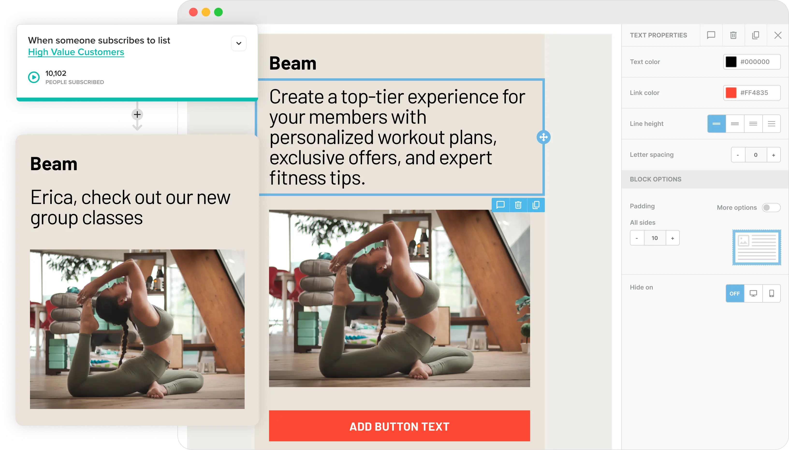 The Cakemail email editor with a gym email open.
