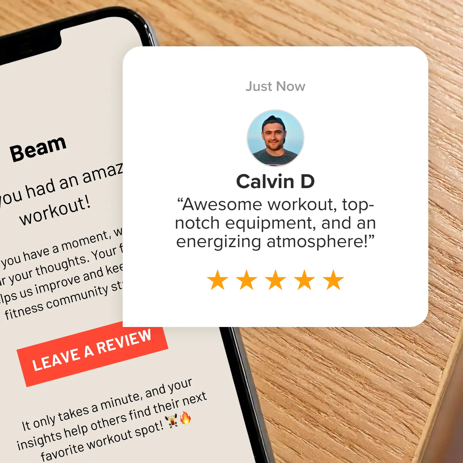 A review-request email beside a customer's review.