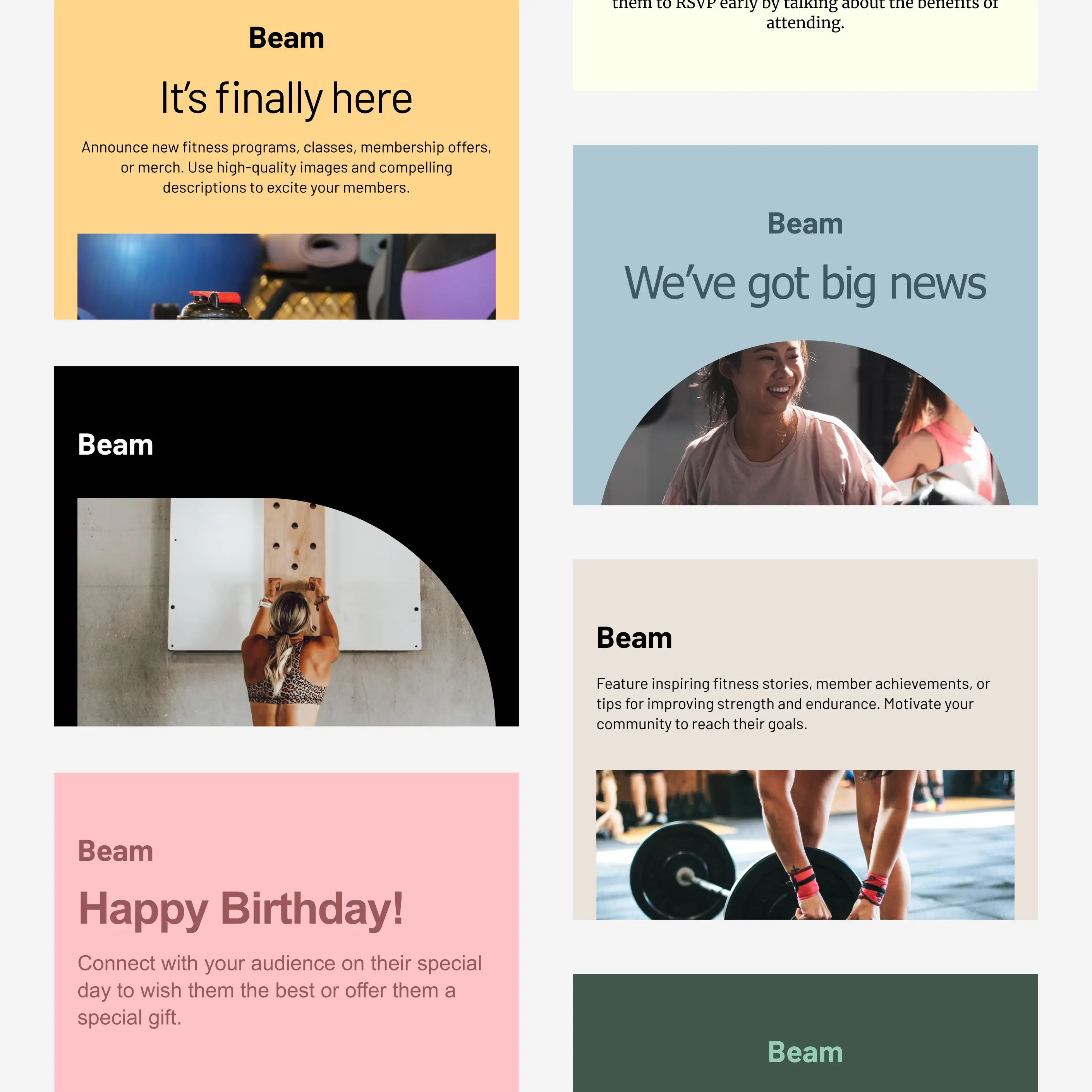 A grid of Cakemail email templates for gym businesses.
