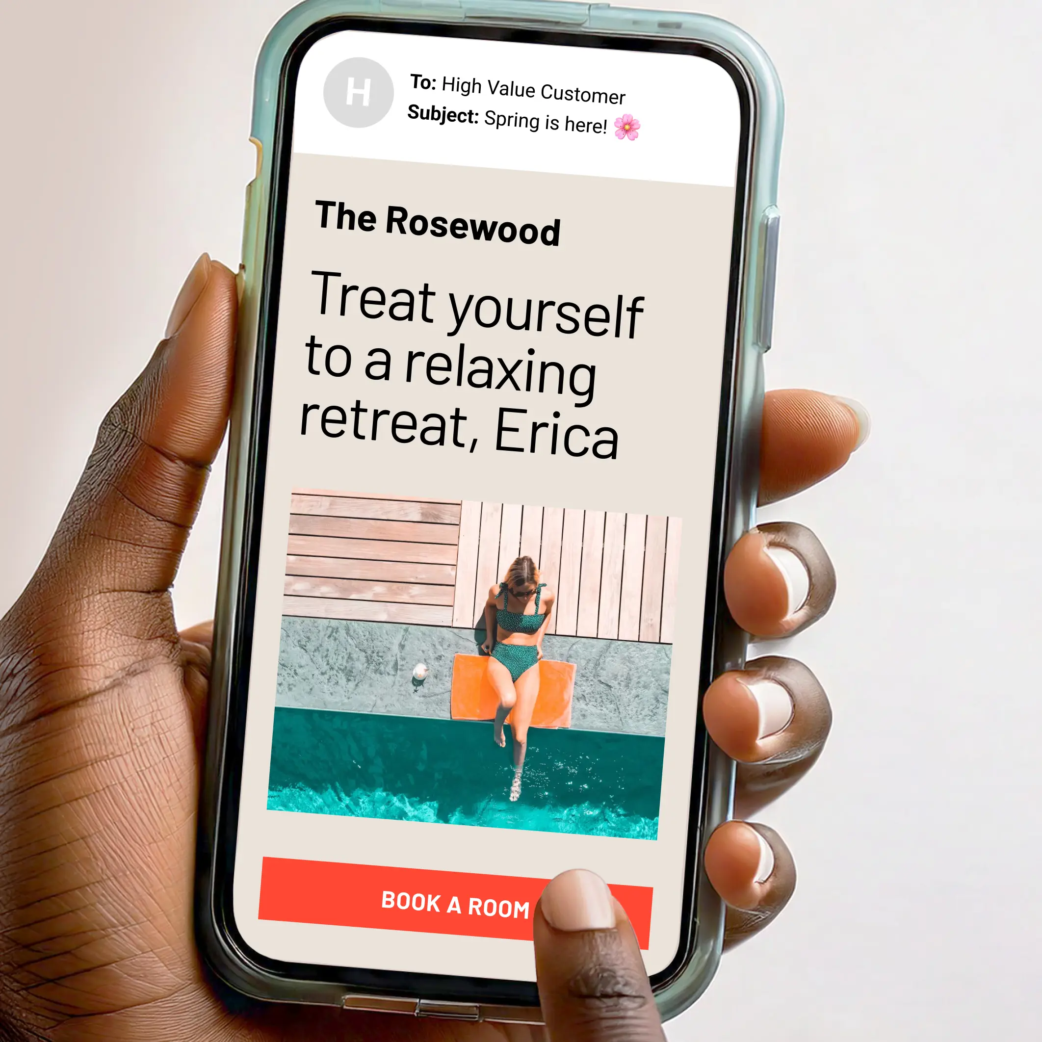 A hotel email shown on a phone.