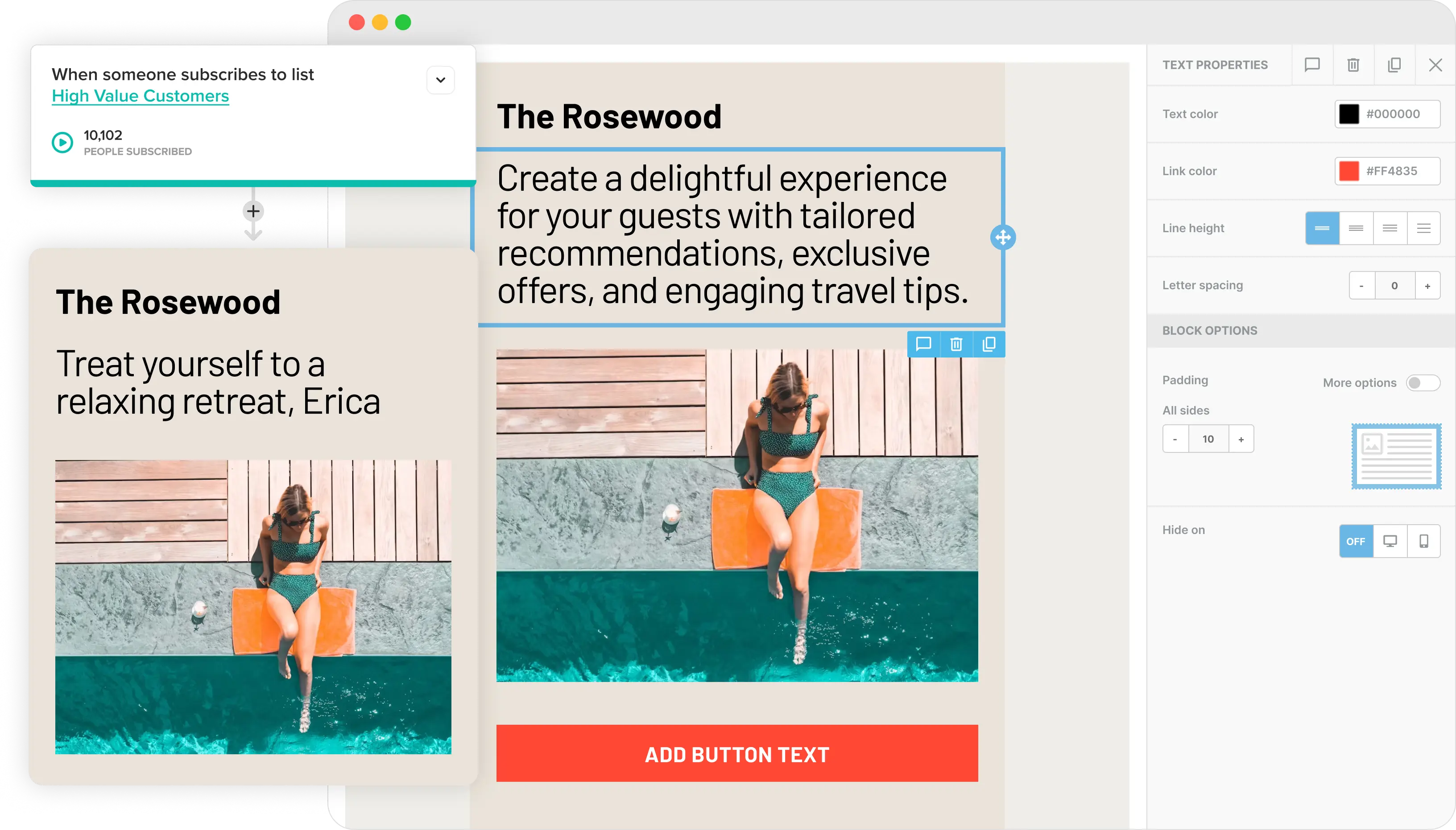 The Cakemail email editor with a hotel email open.