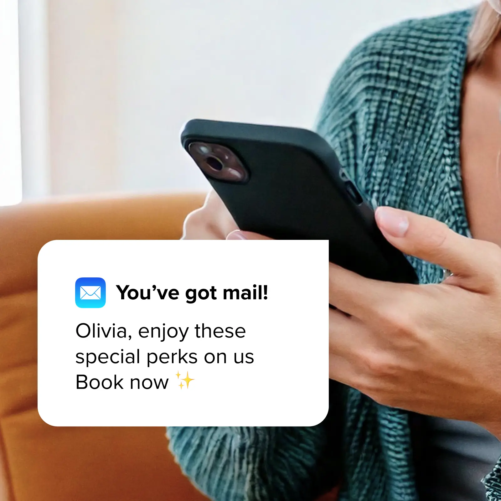 A re-engagement message from a hotel business arriving as a phone notification.
