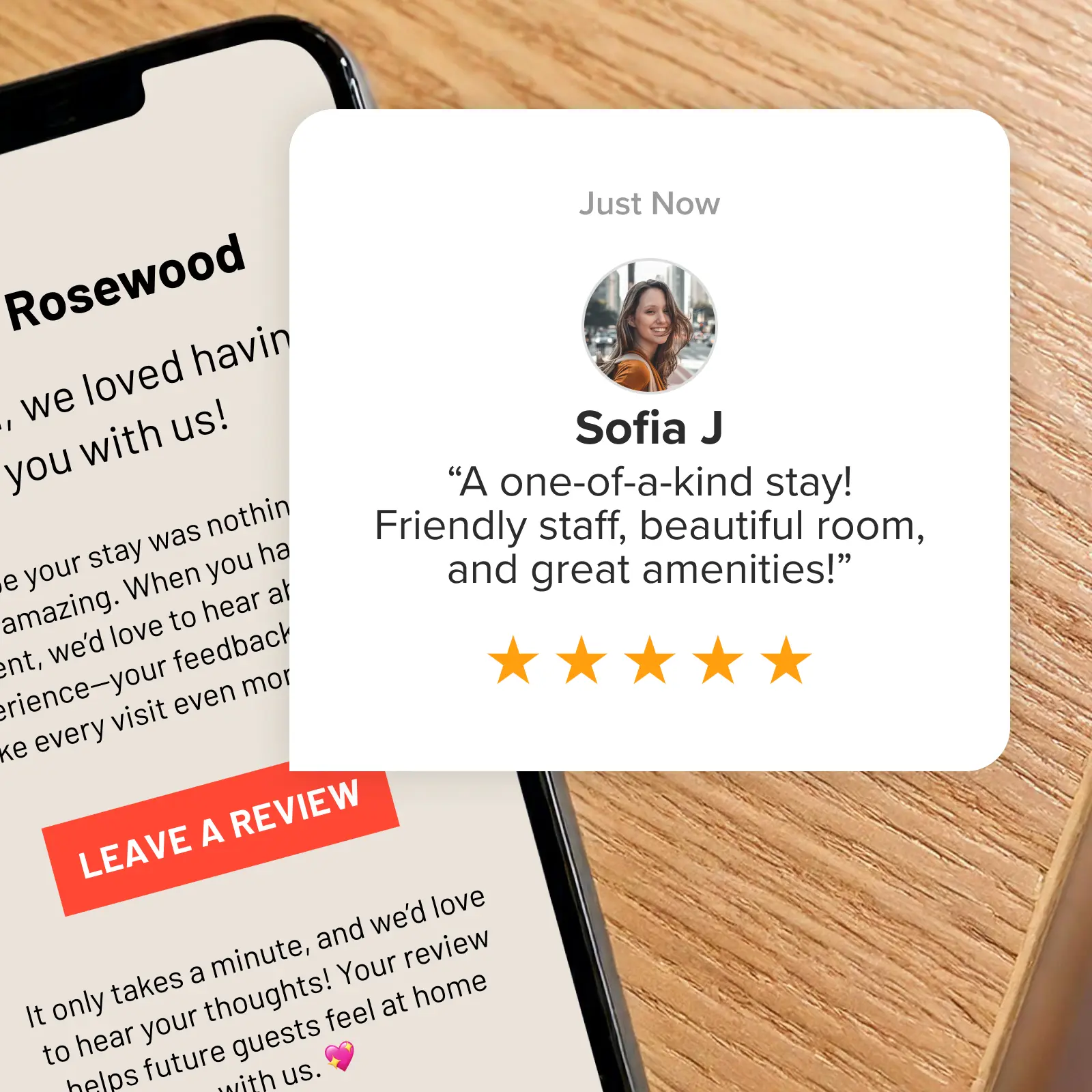 A review-request email beside a customer's review.