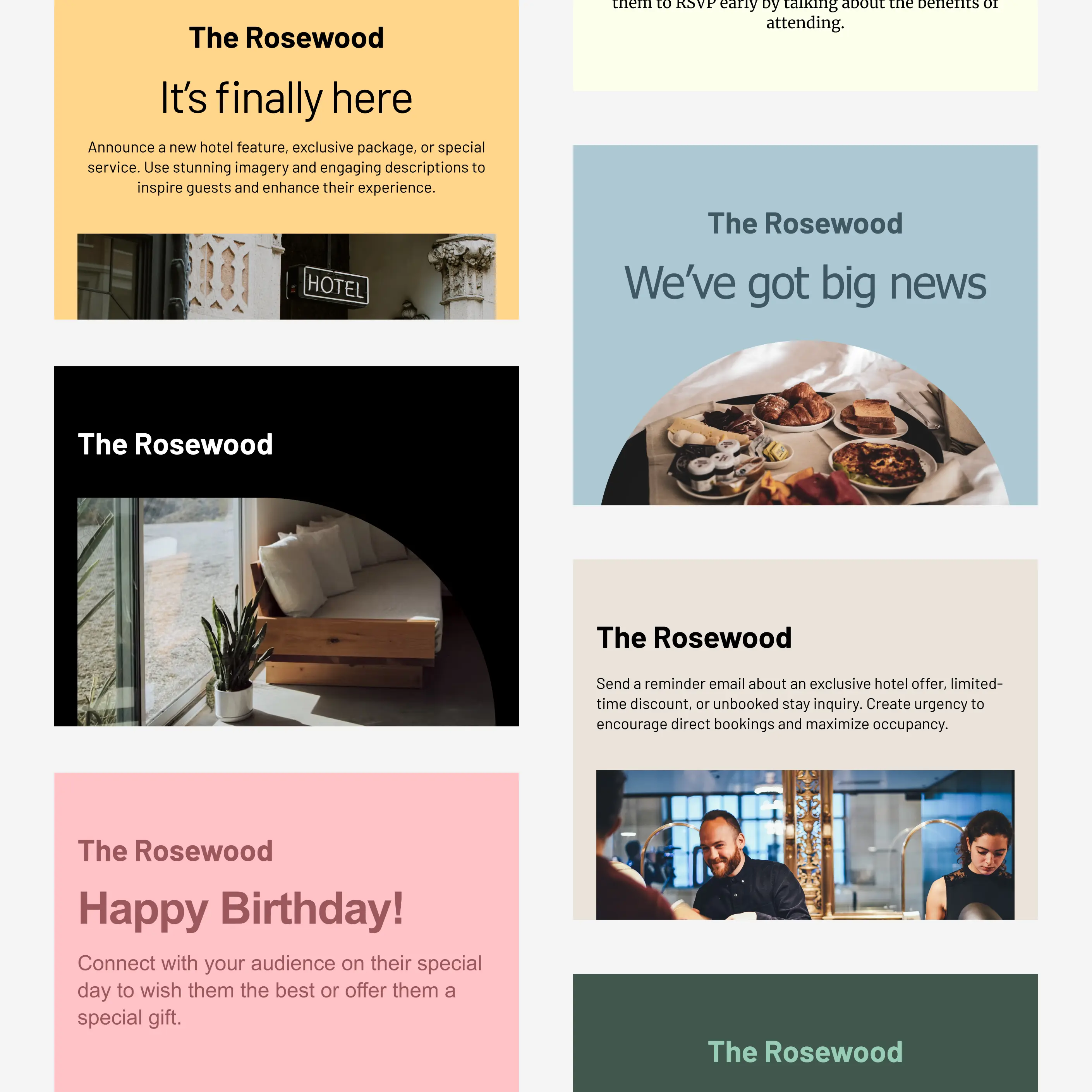 A grid of Cakemail email templates for hotel businesses.