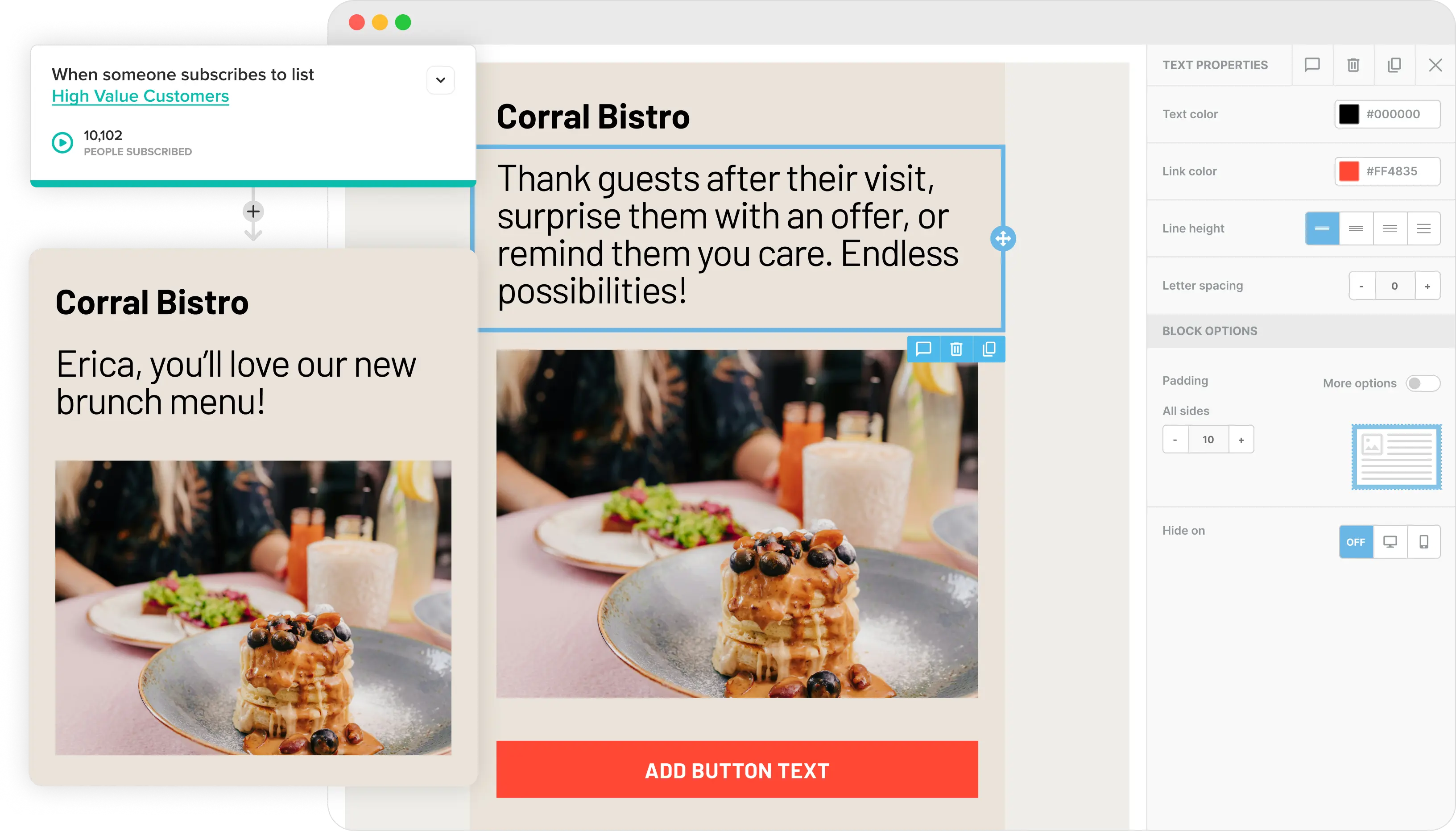 The Cakemail email editor with a restaurant email open.