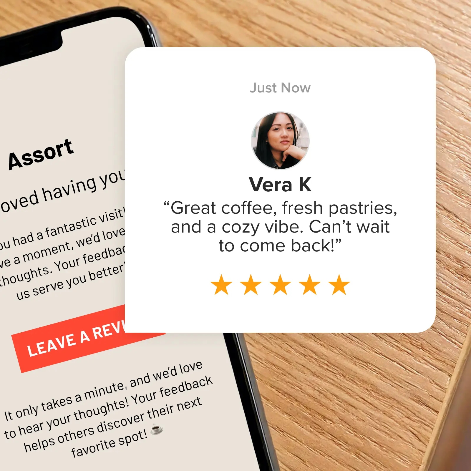 A review-request email beside a customer's review.