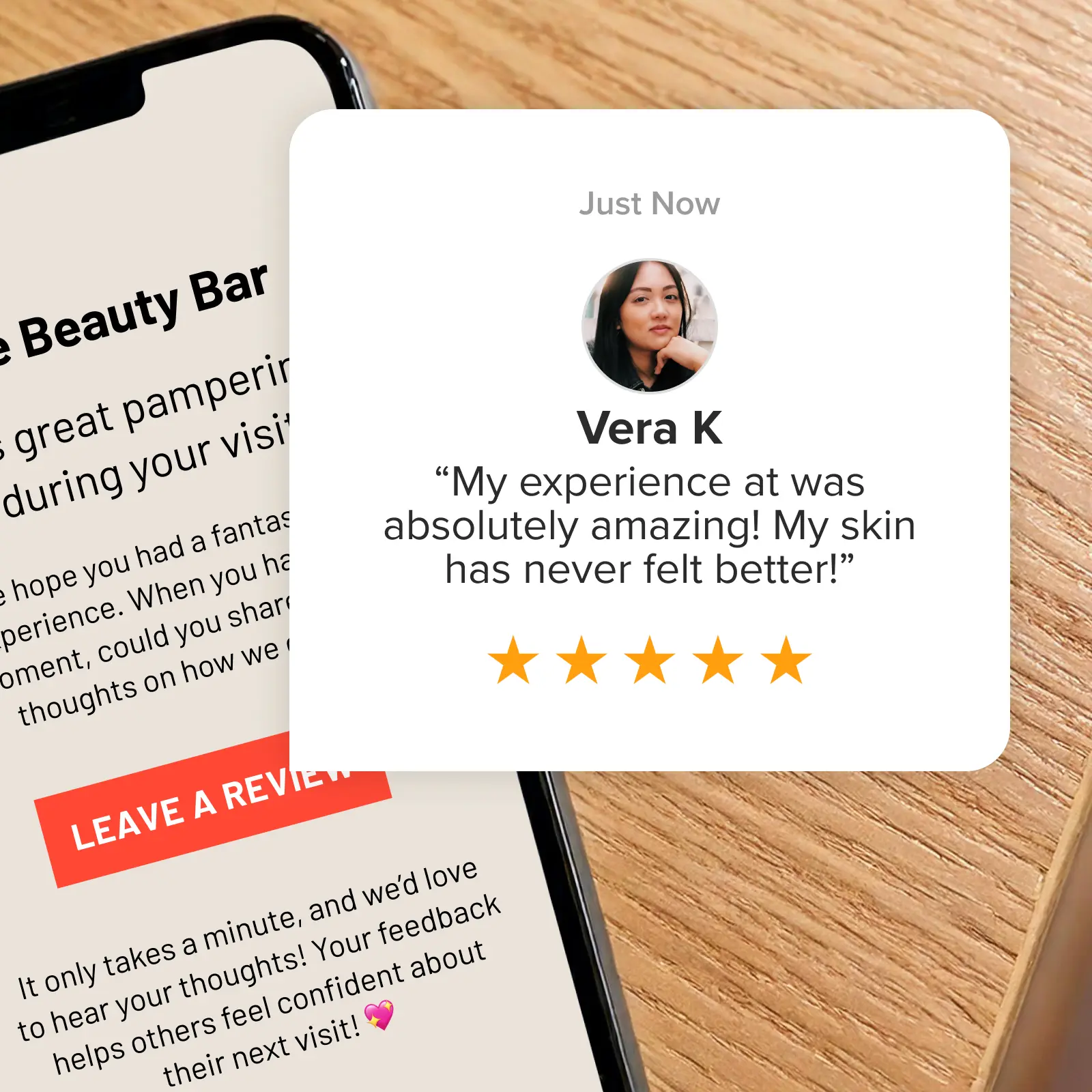A review-request email beside a customer's review.