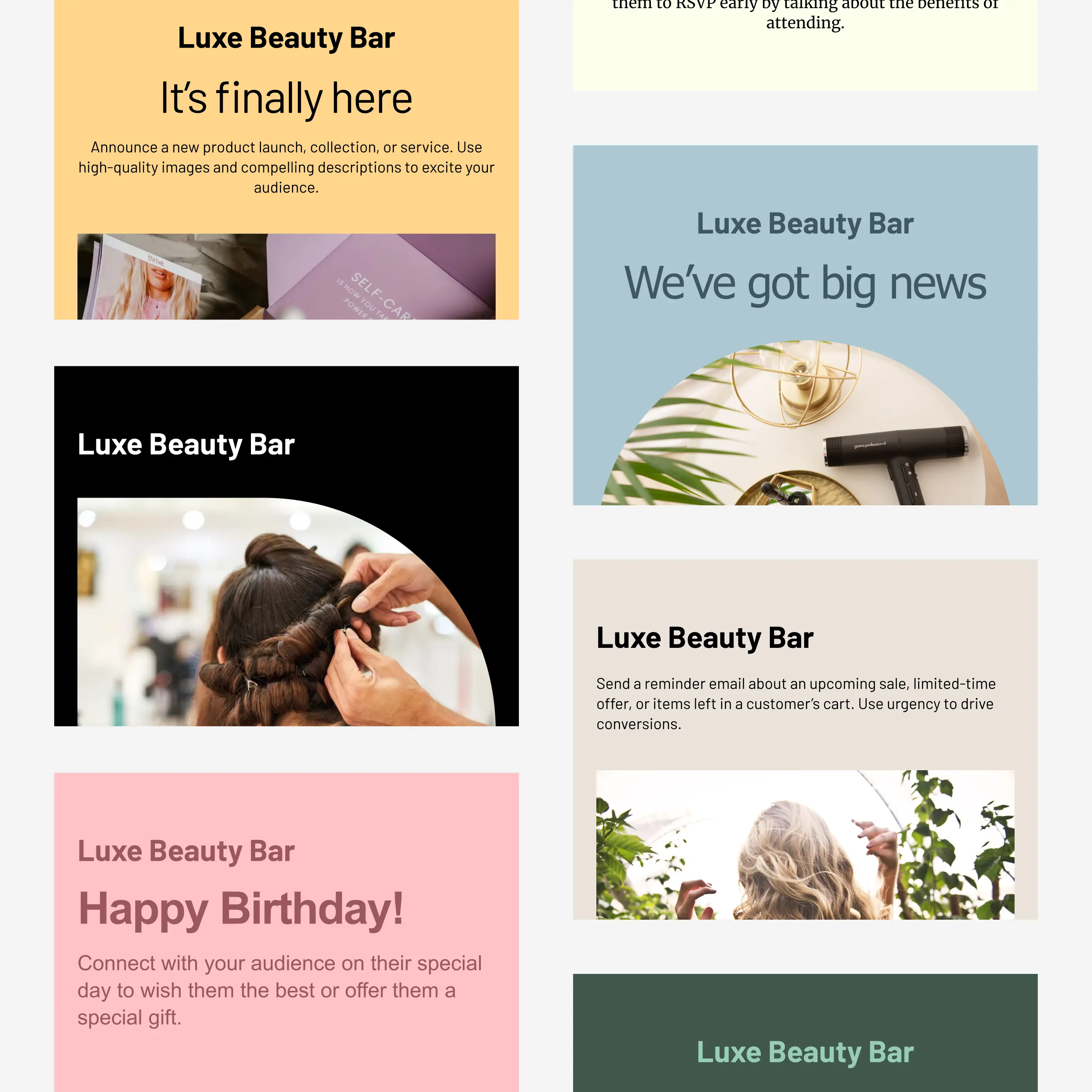 A grid of Cakemail email templates for salon businesses.